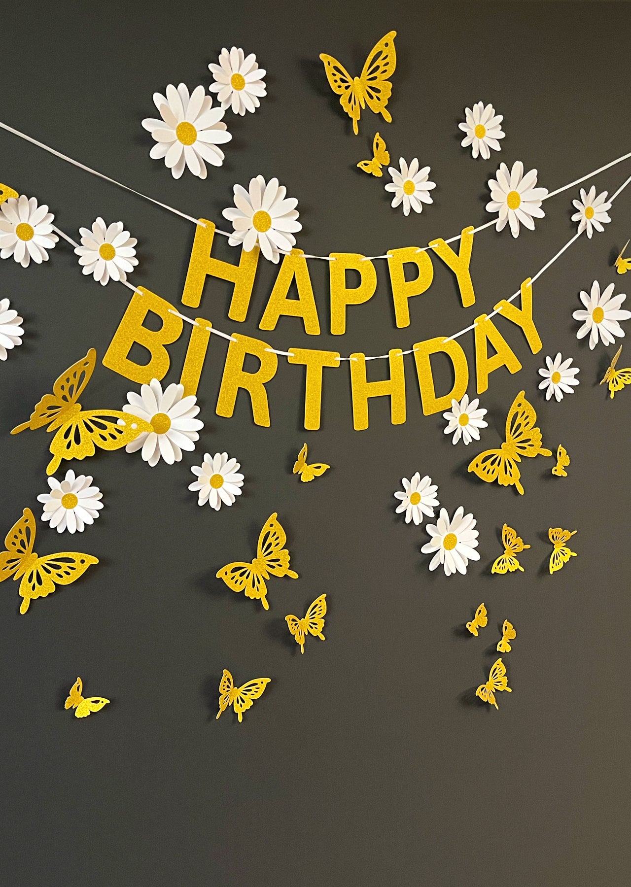 White Daisy Flower, Butterflies and Happy Birthday Paper Party Decor