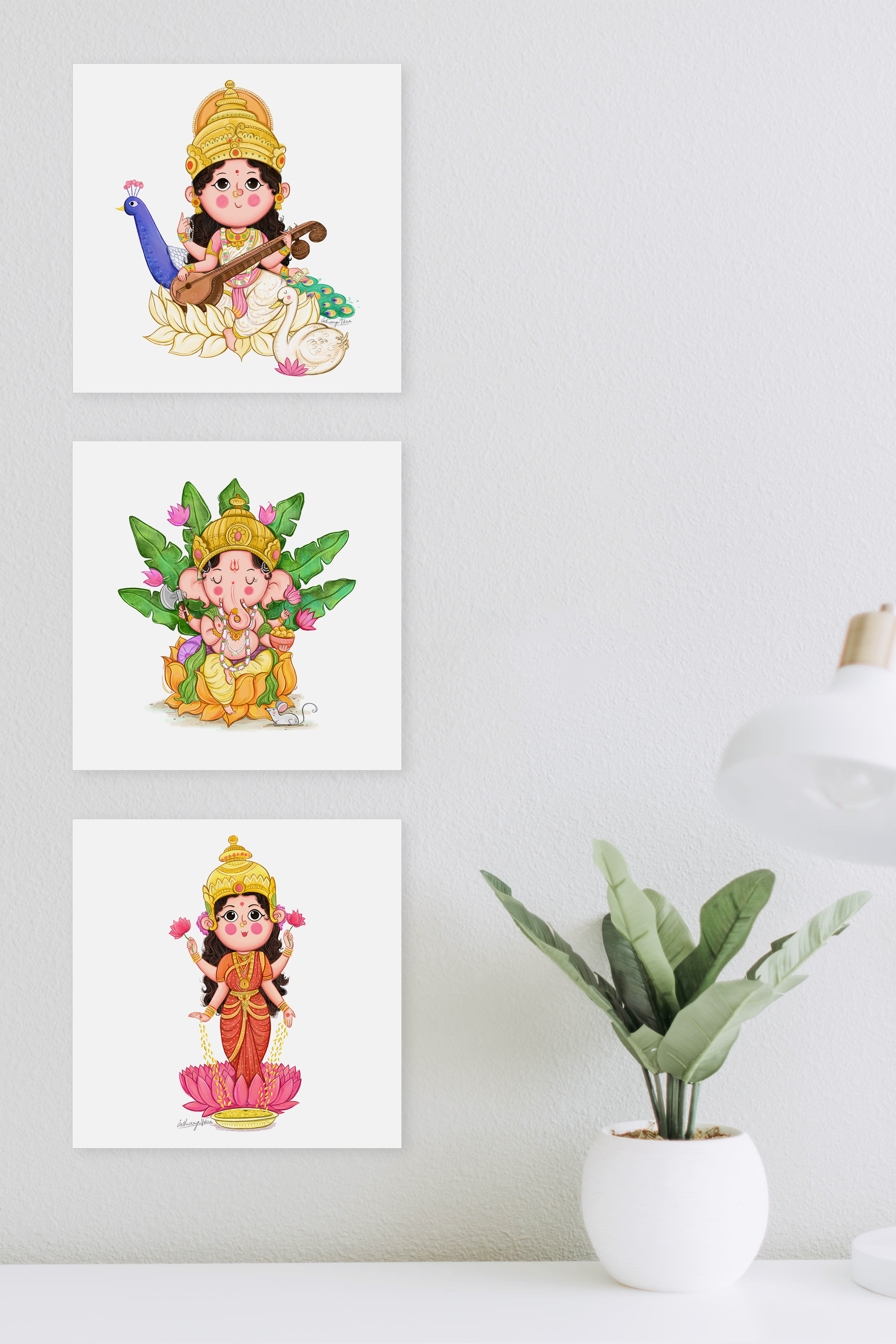 Ganesh, Lakshmi & Saraswati Wall Arts (set of 3)