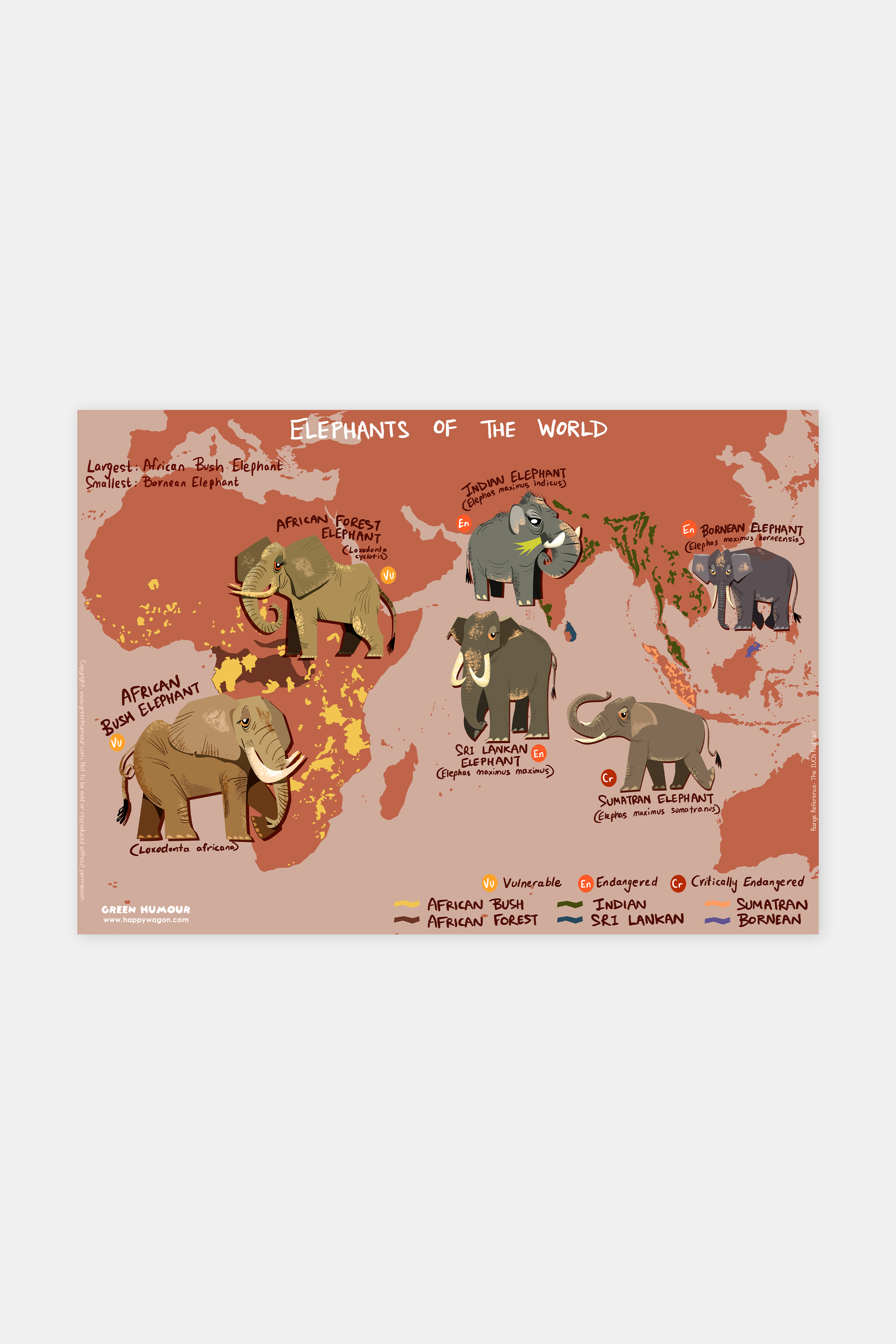 Elephants Of The World (Map) Non-Tearable Poster