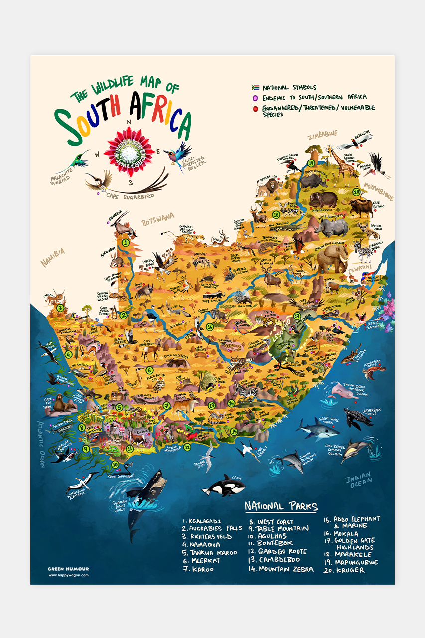 Wildlife Map Of South Africa Non-Tearable Poster